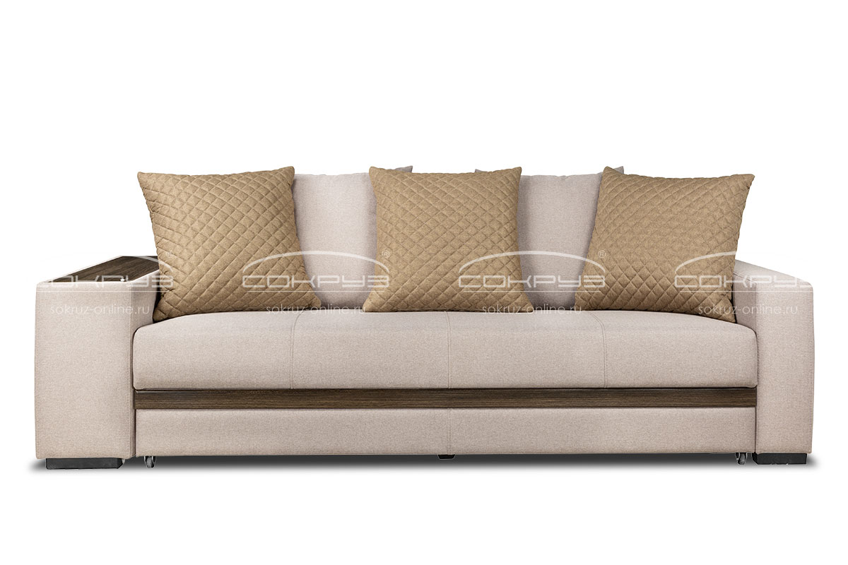 Прямой диван Атлант, бежевый с коричневыми подушками